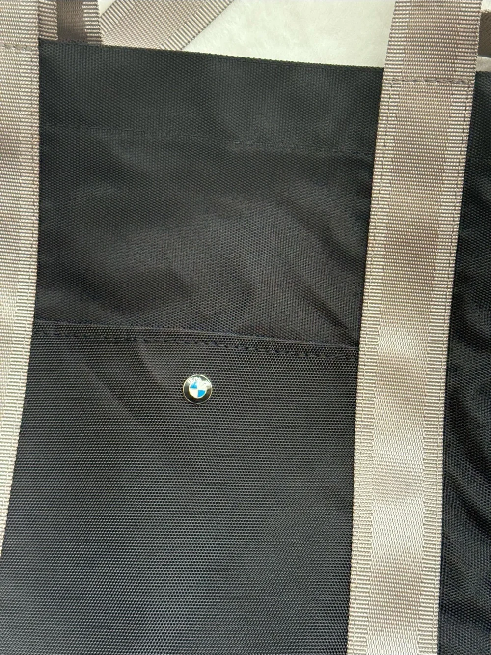 BMW Black Tote with Taupe Shoulder Straps and Exterior Pocket